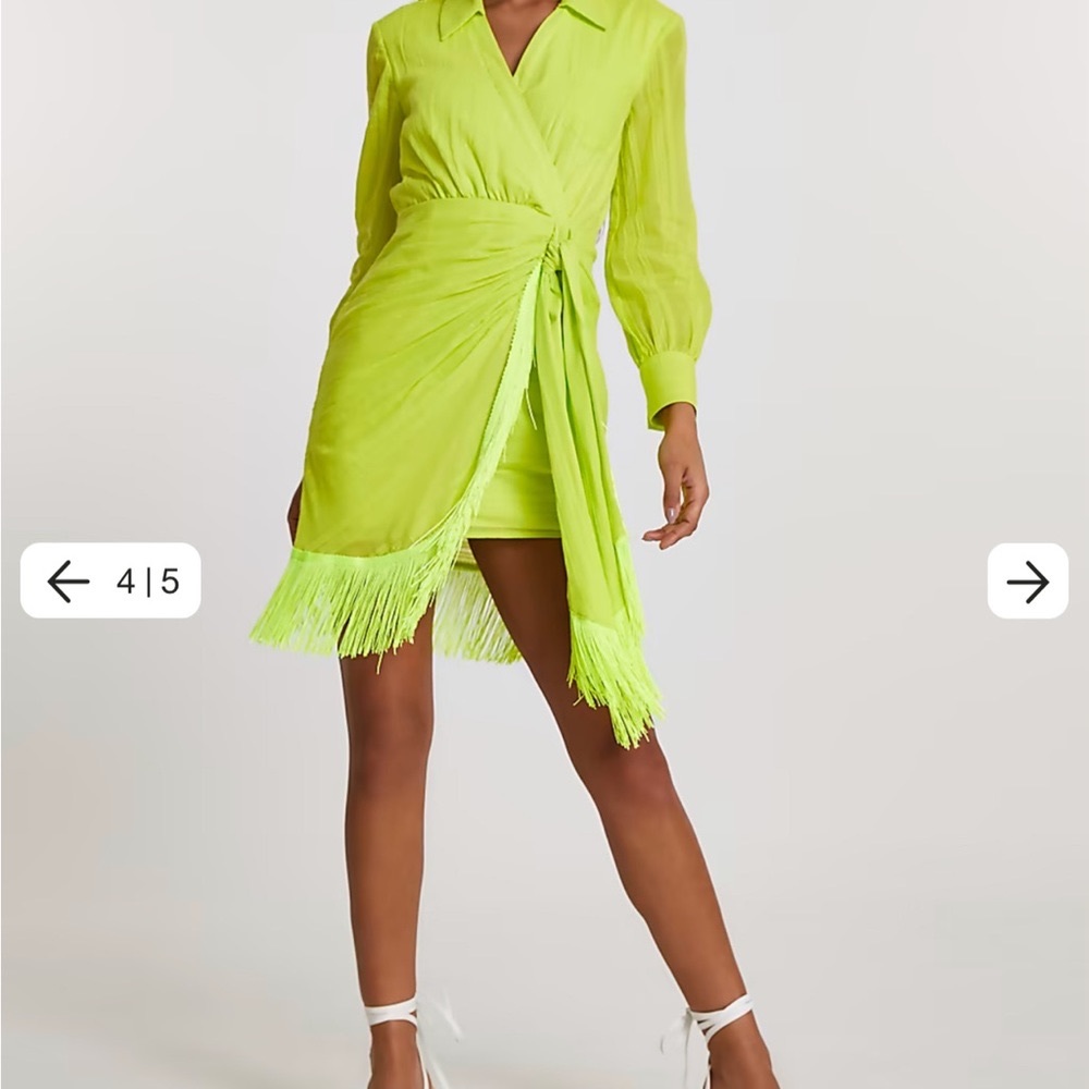 Neon yellow wrap fringe shirt mini dress River Island